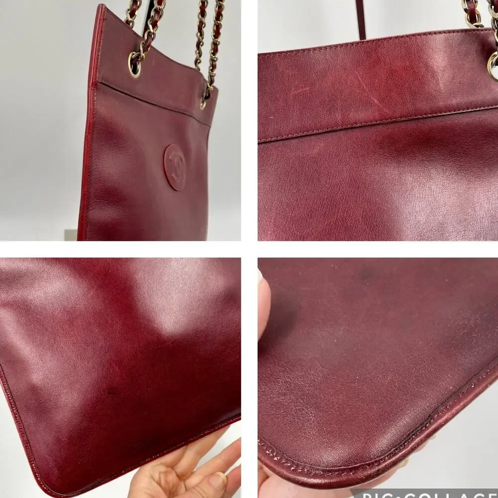 Chanel Burgundy Lambskin Leather Flat Tote Bag Large Classic CC Chain Vintage